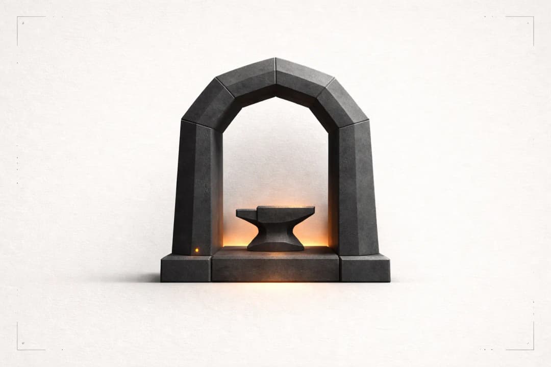 Stone forge arch and anvil with warm glow